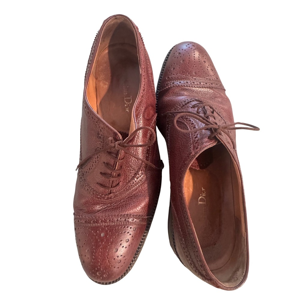 Vintage Christian Dior Mens Burgundy Pebble Grain Leather Wingtip Brogue Shoes